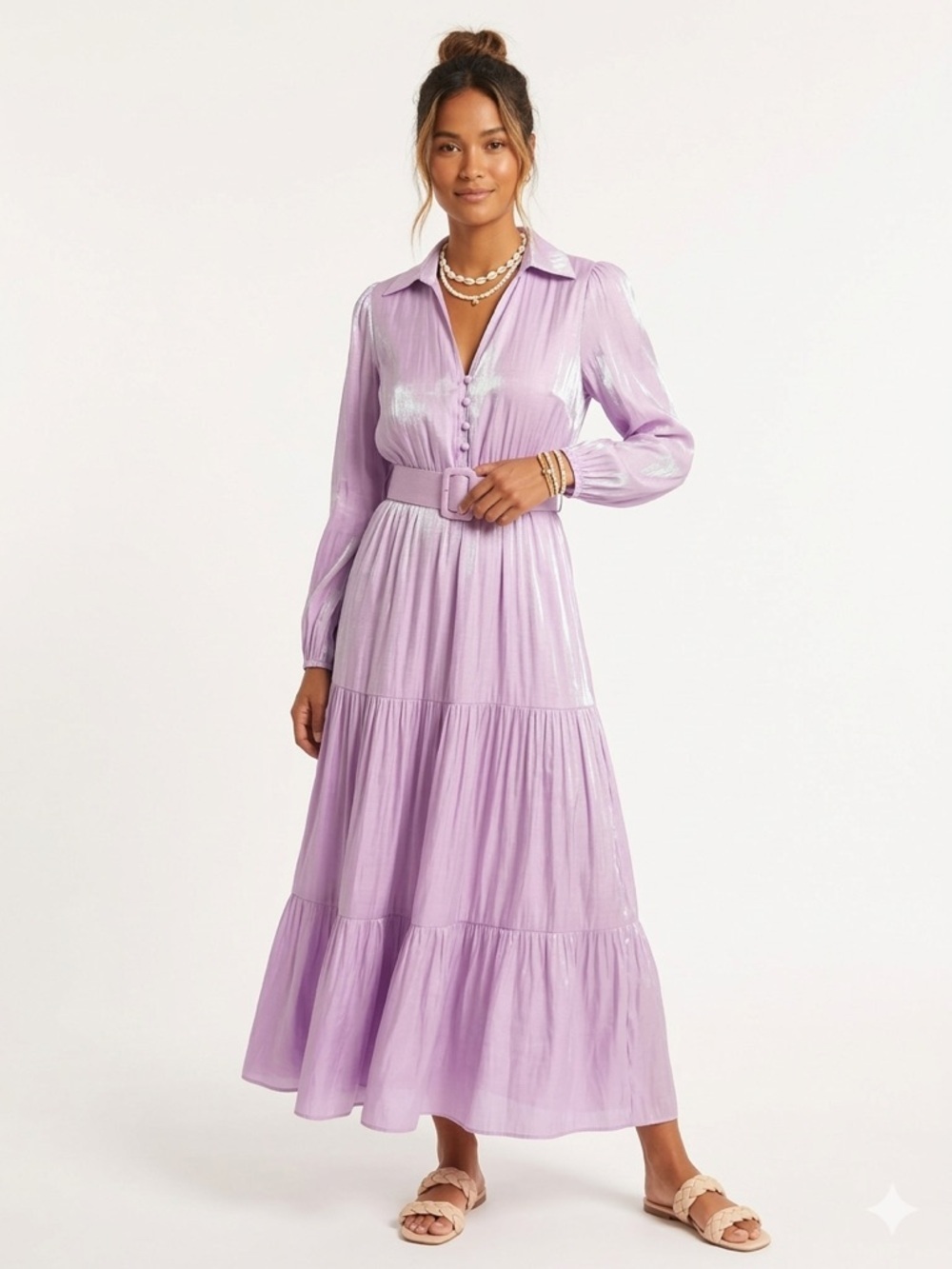 Faeresty Lilac Shimmer Midi Dress Belted Long Sleeve Tiered Small